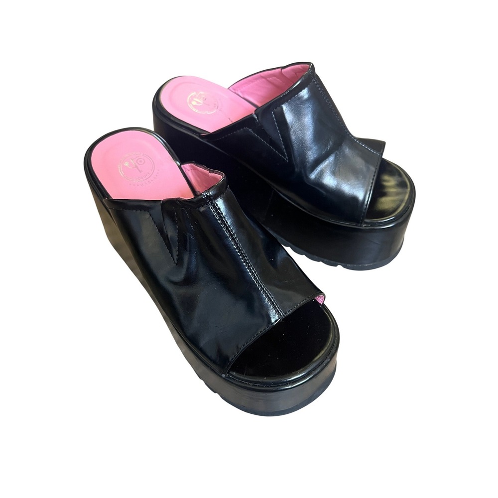 Black Cyber Goth Platform Wedge Sandals sz 9 / L Punk Peep Toe Mules Cult Gothic - Picture 6 of 9